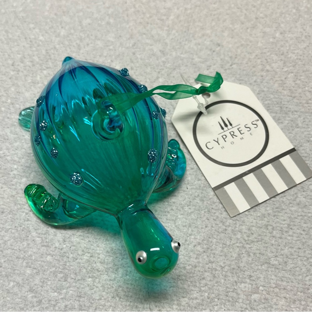 Blown Glass Sea Turtle Ornament Teal google eyes coastal beach whimsical gift